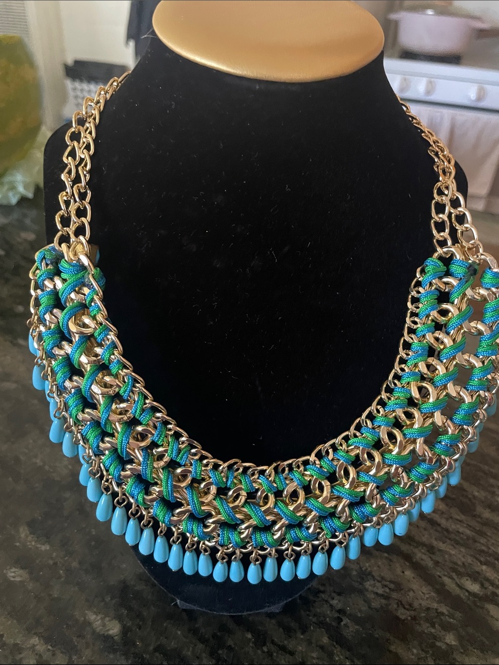 Gold Chain Statement Necklace with Blue and Green Accents